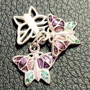 Vintage Sterling Silver 3D Enamel Triple Butterfly Charm Pendant